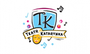 Logo Teatru Katarynka z maską teatralną i nutkami na białym tle.