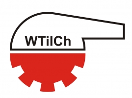 Logo WTiICh z czarnym napisem na tle biało-czerwonego koła zębatego.